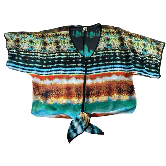 Chenault Tops - Chenault Womens 3X Kimono Top Tie Front Kaleidoscope Tie Dye Print Sheer Blouse